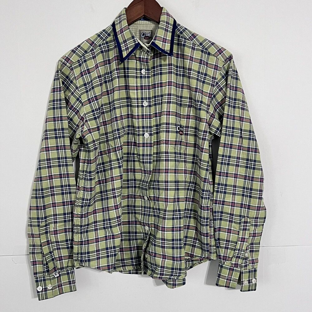 Cruel Girl Womens Shirt Size S Green Oxford Plaid Long Sleeve Button Up Pockets